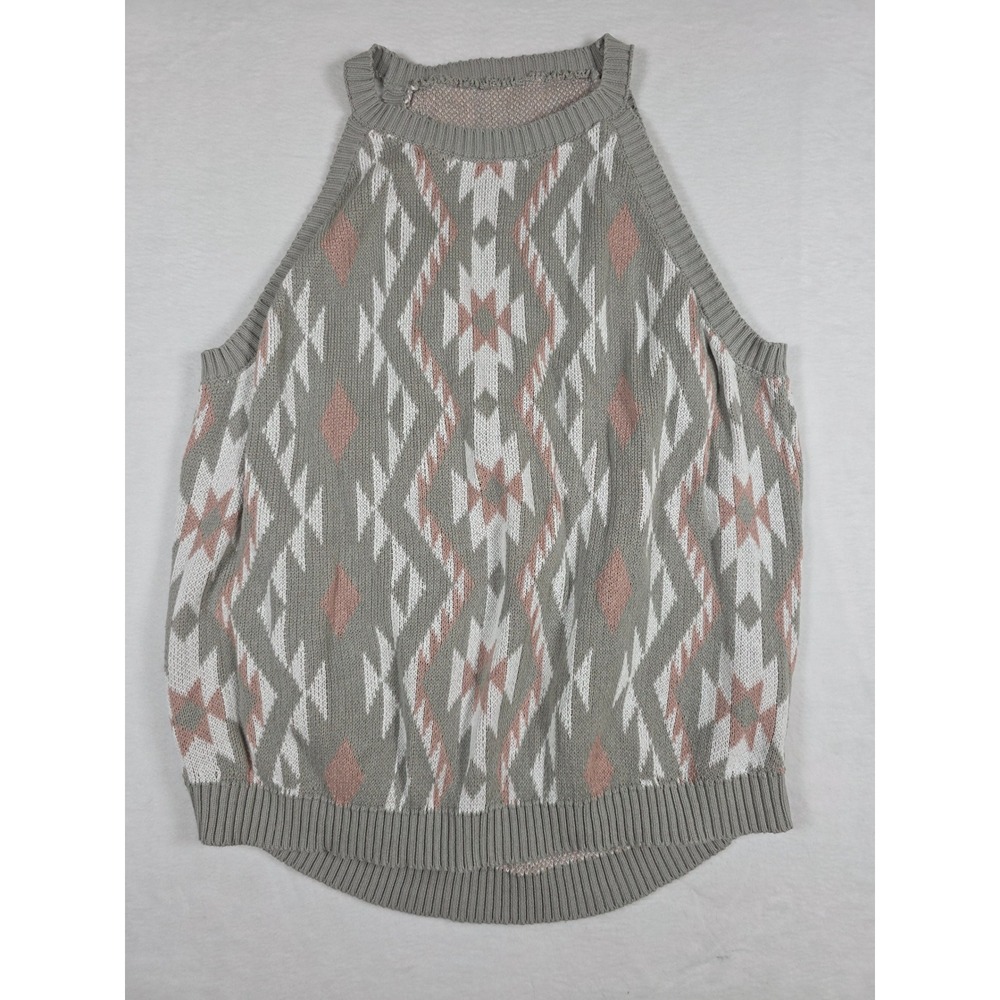 Southwestern Geometric Sweater Tank Vest Halter XL Grey Pink Boho Casual Western